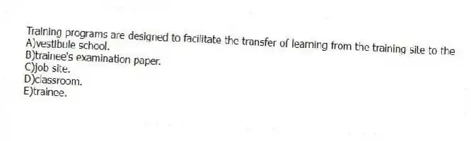 Training programs are designed to facilitate the transfer of learning from the training site to the
A)vestibule school.
B)trainee's examination paper.
C)job site.
D)classroom.
E)trainee.