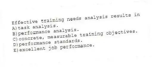 Effective training needs analysis results in
A)task analysis.
B)performance analysis.
C)concrete, measurable training objectives.
D)performance standards.
E)excellent job performance.