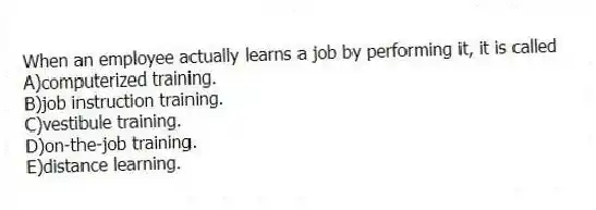 When an employee actually learns a job by performing it, it is called
A)computerized training.
B)job instruction training.
C)vestibule training.
D)on-the-job training.
E)distance learning.