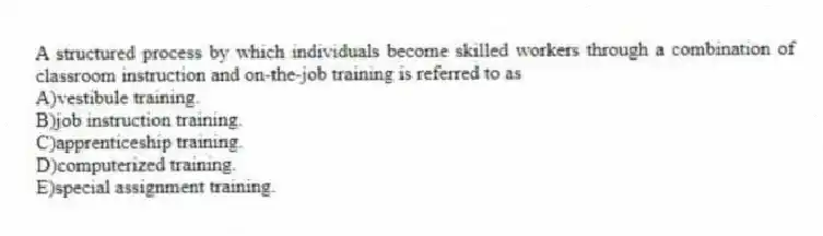 A structured process by which individuals become skilled workers through a combination of classroom instruction and on-the-job training is referred to as
A)vestibule training.
B)job instruction training.
C)apprenticeship training.
D)computerized training.
E)special assignment training.