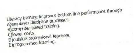 Literacy training improves bottom-line performance through
A)employer discipline processes.
B)computer-based training.
C)lower costs.
D)outside professional teachers.
E)programmed learning.