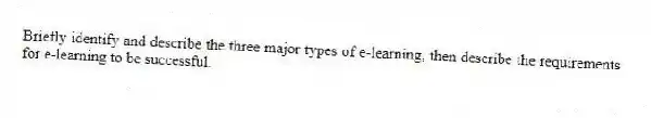 Briefly identify and describe the three major types of e-learning, then describe the requirements for e-learning to be successful.