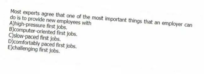 Most experts agree that one of the most important things that an employer can do is to provide new employees with
A)high-pressure first jobs.
B)computer-oriented first jobs.
C)slow-paced first jobs.
D)comfortably paced first jobs.
E)challenging first jobs.