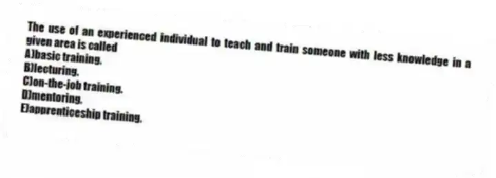 The use of an experienced individual to teach and train someone with less knowledge in a given area is called
A)basic training.
B)lecturing.
C)on-the-job training.
D)mentoring.
E)apprenticeship training.