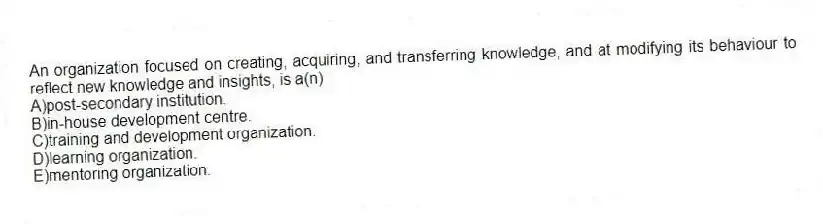 An organization focused on creating, acquiring, and transferring knowledge, and at modifying its behaviour to reflect new knowledge and insights, is a(n)
A)post-secondary institution.
B)in-house development centre.
C)training and development organization.
D)learning organization.
E)mentoring organization.