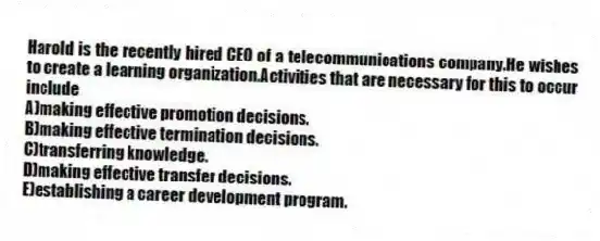 Harold is the recently hired CEO of a telecommunications company.He wishes to create a learning organization.Activities that are necessary for this to occur include
A)making effective promotion decisions.
B)making effective termination decisions.
C)transferring knowledge.
D)making effective transfer decisions.
E)establishing a career development program.