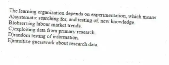 The learning organization depends on experimentation, which means
A)systematic searching for, and testing of, new knowledge.
B)observing labour market trends.
C)exploiting data from primary research.
D)random testing of information.
E)intuitive guesswork about research data.
