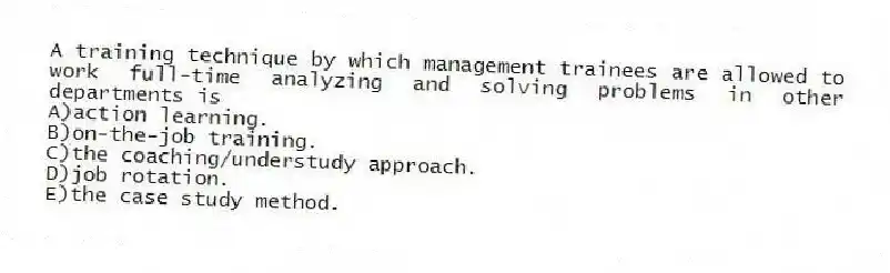 A training technique by which management trainees are allowed to work full-time analyzing and solving problems in other departments is
A)action learning.
B)on-the-job training.
C)the coaching/understudy approach.
D)job rotation.
E)the case study method.