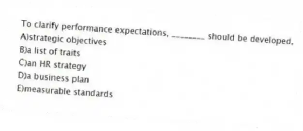 To clarify performance expectations, ________ should be developed.
A)strategic objectives
B)a list of traits
C)an HR strategy
D)a business plan
E)measurable standards