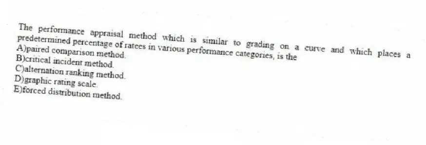 The performance appraisal method which is similar to grading on a curve and which places a predetermined percentage of ratees in various performance categories, is the
A)paired comparison method.
B)critical incident method.
C)alternation ranking method.
D)graphic rating scale.
E)forced distribution method.