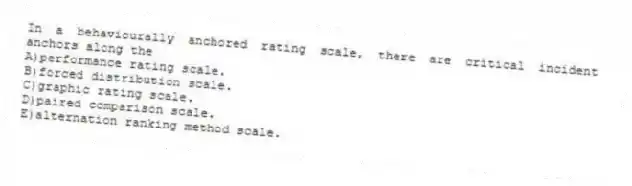 In a behaviourally anchored rating scale, there are critical incident anchors along the
A)performance rating scale.
B)forced distribution scale.
C)graphic rating scale.
D)paired comparison scale.
E)alternation ranking method scale.