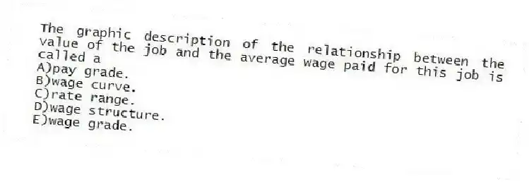 The graphic description of the relationship between the value of the job and the average wage paid for this job is called a
A)pay grade.
B)wage curve.
C)rate range.
D)wage structure.
E)wage grade.