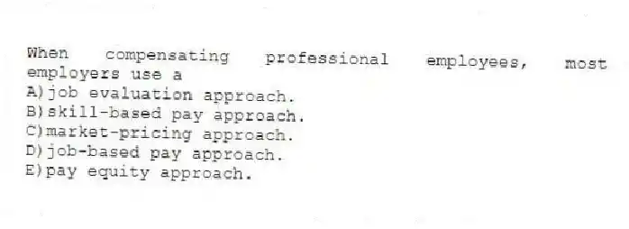 When compensating professional employees, most employers use a
A)job evaluation approach.
B)skill-based pay approach.
C)market-pricing approach.
D)job-based pay approach.
E)pay equity approach.