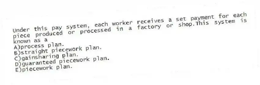 Under this pay system, each worker receives a set payment for each piece produced or processed in a factory or shop.This system is known as a
A)process plan.
B)straight piecework plan.
C)gainsharing plan.
D)guaranteed piecework plan.
E)piecework plan.