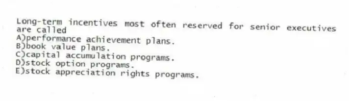 Long-term incentives most often reserved for senior executives are called
A)performance achievement plans.
B)book value plans.
C)capital accumulation programs.
D)stock option programs.
E)stock appreciation rights programs.