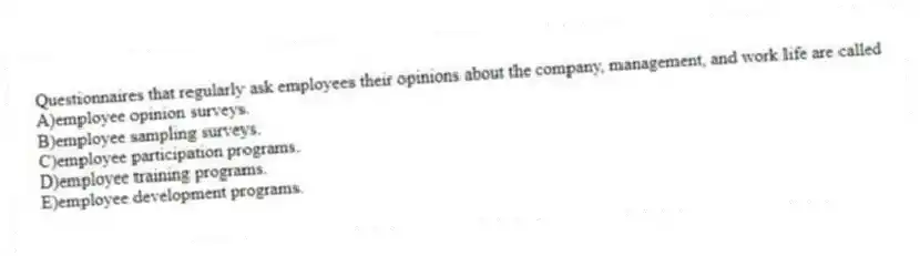 Questionnaires that regularly ask employees their opinions about the company, management, and work life are called
A)employee opinion surveys.
B)employee sampling surveys.
C)employee participation programs.
D)employee training programs.
E)employee development programs.