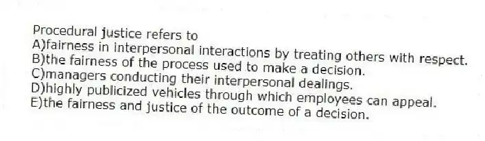 Procedural justice refers to
A)fairness in interpersonal interactions by treating others with respect.
B)the fairness of the process used to make a decision.
C)managers conducting their interpersonal dealings.
D)highly publicized vehicles through which employees can appeal.
E)the fairness and justice of the outcome of a decision.