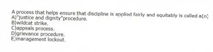 A process that helps ensure that discipline is applied fairly and equitably is called a(n)
A)"justice and dignity"procedure.
B)wildcat strike.
C)appeals process.
D)grievance procedure.
E)management lockout.
