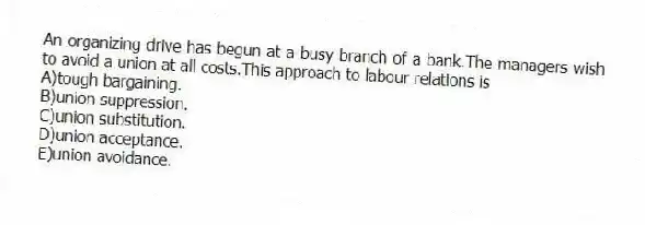 An organizing drive has begun at a busy branch of a bank.The managers wish to avoid a union at all costs.This approach to labour relations is
A)tough bargaining.
B)union suppression.
C)union substitution.
D)union acceptance.
E)union avoidance.