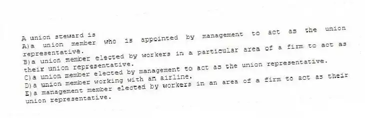 A union steward is
A)a union member who is appointed by management to act as the union representative.
B)a union member elected by workers in a particular area of a firm to act as their union representative.
C)a union member elected by management to act as the union representative.
D)a union member working with an airline.
E)a management member elected by workers in an area of a firm to act as their union representative.