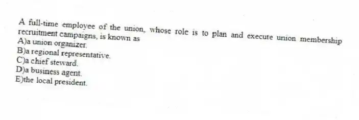 A full-time employee of the union, whose role is to plan and execute union membership recruitment campaigns, is known as
A)a union organizer.
B)a regional representative.
C)a chief steward.
D)a business agent.
E)the local president.
