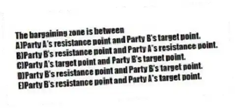 The bargaining zone is between
A)Party A's resistance point and Party B's target point.
B)Party B's resistance point and Party A's resistance point.
C)Party A's target point and Party B's target point.
D)Party B's resistance point and Party B's target point.
E)Party B's resistance point and Party A's target point.