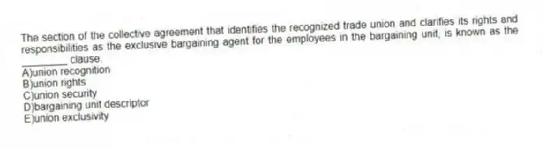The section of the collective agreement that identifies the recognized trade union and clarifies its rights and responsibilities as the exclusive bargaining agent for the employees in the bargaining unit, is known as the ________ clause.
A)union recognition
B)union rights
C)union security
D)bargaining unit descriptor
E)union exclusivity