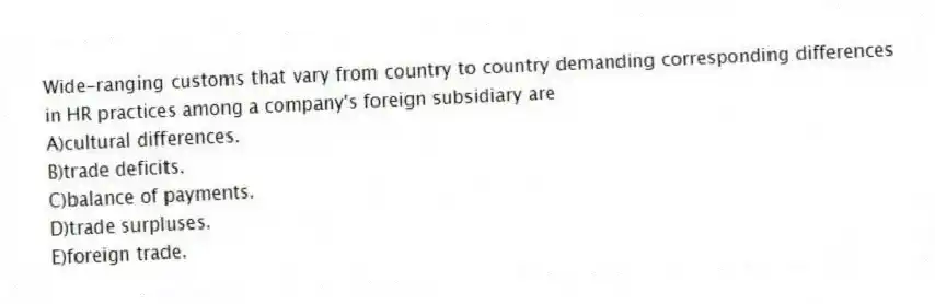 Wide-ranging customs that vary from country to country demanding corresponding differences in HR practices among a company's foreign subsidiary are
A)cultural differences.
B)trade deficits.
C)balance of payments.
D)trade surpluses.
E)foreign trade.