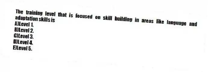 The training level that is focused on skill building in areas like language and adaptation skills is
A)Level 1.
B)Level 2.
C)Level 3.
D)Level 4.
E)Level 5.