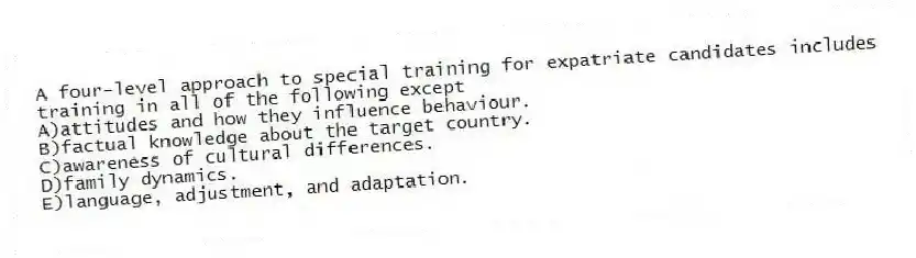 A four-level approach to special training for expatriate candidates includes training in all of the following except
A)attitudes and how they influence behaviour.
B)factual knowledge about the target country.
C)awareness of cultural differences.
D)family dynamics.
E)language, adjustment, and adaptation.