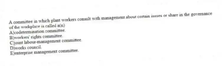 A committee in which plant workers consult with management about certain issues or share in the governance of the workplace is called a(n)
A)codetermination committee.
B)workers' rights committee.
C)joint labour-management committee.
D)works council.
E)enterprise management committee.