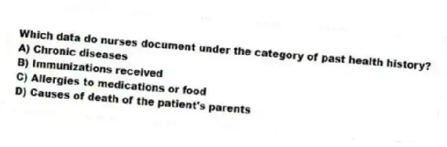 Which data do nurses document under the category of past health history?
A) Chronic diseases
B) Immunizations received
C) Allergies to medications or food
D) Causes of death of the patient's parents