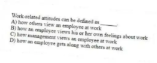 Work-related attitudes can be defined as ______.
A) how others view an employee at work
B) how an employee views his or her own feelings about work
C) how management views an employee at work
D) how an employee gets along with others at work