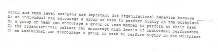 Group and team level analysis are important for organizational behavior because ______.
A) an individual can encourage a group or team to perform highly in the workplace
B) a group or team can encourage a group or team member to perform at their best
C) the organizational culture can encourage high levels of individual performance
D) an individual can discourage a group or team to perform highly in the workplace