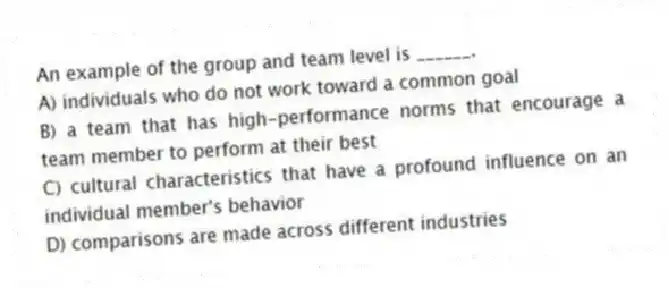 An example of the group and team level is ______.
A) individuals who do not work toward a common goal
B) a team that has high-performance norms that encourage a team member to perform at their best
C) cultural characteristics that have a profound influence on an individual member's behavior
D) comparisons are made across different industries