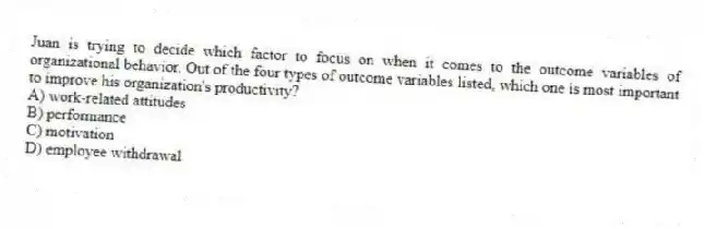 Juan is trying to decide which factor to focus on when it comes to the outcome variables of organizational behavior. Out of the four types of outcome variables listed, which one is most important to improve his organization's productivity?
A) work-related attitudes
B) performance
C) motivation
D) employee withdrawal