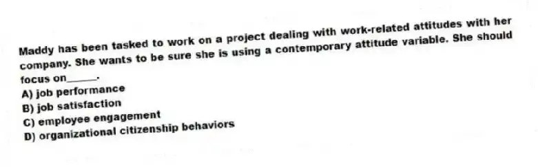 Maddy has been tasked to work on a project dealing with work-related attitudes with her company. She wants to be sure she is using a contemporary attitude variable. She should focus on______.
A) job performance
B) job satisfaction
C) employee engagement
D) organizational citizenship behaviors