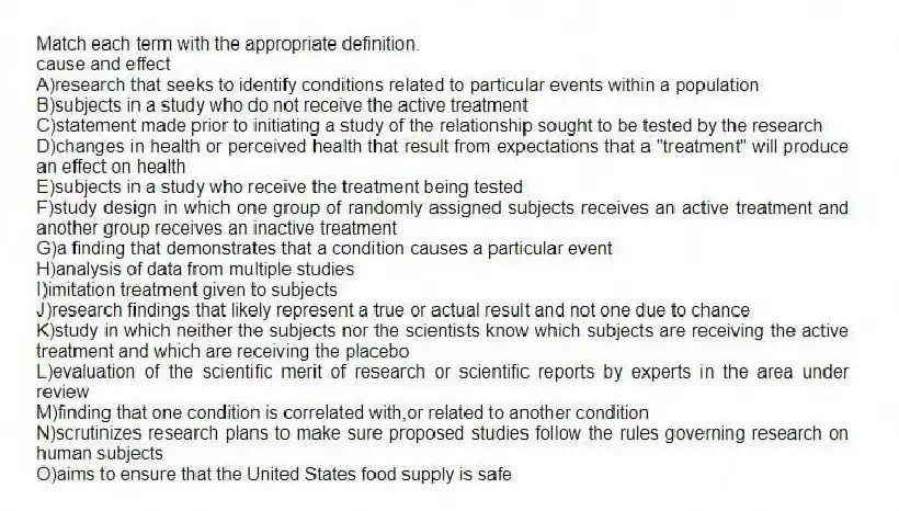 Match each term with the appropriate definition.
-cause and effect
A)research that seeks to identify conditions related to particular events within a population
B)subjects in a study who do not receive the active treatment
C)statement made prior to initiating a study of the relationship sought to be tested by the research
D)changes in health or perceived health that result from expectations that a "treatment" will produce an effect on health
E)subjects in a study who receive the treatment being tested
F)study design in which one group of randomly assigned subjects receives an active treatment and another group receives an inactive treatment
G)a finding that demonstrates that a condition causes a particular event
H)analysis of data from multiple studies
I)imitation treatment given to subjects
J)research findings that likely represent a true or actual result and not one due to chance
K)study in which neither the subjects nor the scientists know which subjects are receiving the active treatment and which are receiving the placebo
L)evaluation of the scientific merit of research or scientific reports by experts in the area under review
M)finding that one condition is correlated with,or related to another condition
N)scrutinizes research plans to make sure proposed studies follow the rules governing research on human subjects
O)aims to ensure that the United States food supply is safe