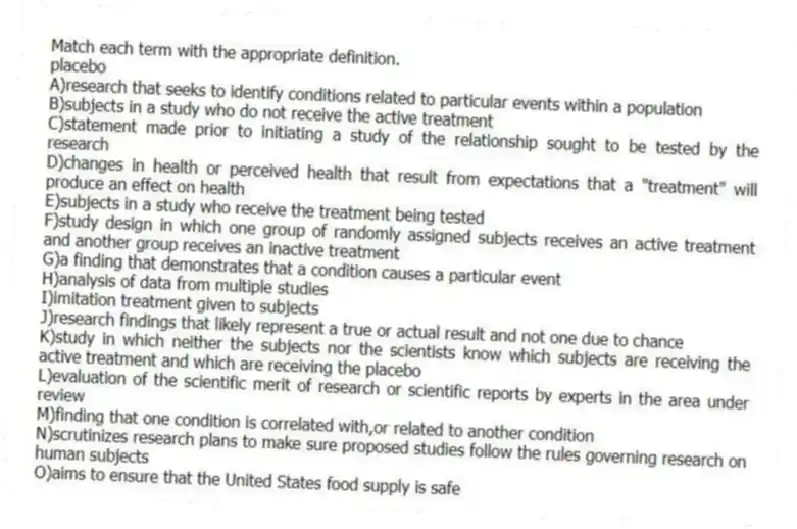Match each term with the appropriate definition.
-​placebo
A)research that seeks to identify conditions related to particular events within a population
B)subjects in a study who do not receive the active treatment
C)statement made prior to initiating a study of the relationship sought to be tested by the research
D)changes in health or perceived health that result from expectations that a "treatment" will produce an effect on health
E)subjects in a study who receive the treatment being tested
F)study design in which one group of randomly assigned subjects receives an active treatment and another group receives an inactive treatment
G)a finding that demonstrates that a condition causes a particular event
H)analysis of data from multiple studies
I)imitation treatment given to subjects
J)research findings that likely represent a true or actual result and not one due to chance
K)study in which neither the subjects nor the scientists know which subjects are receiving the active treatment and which are receiving the placebo
L)evaluation of the scientific merit of research or scientific reports by experts in the area under review
M)finding that one condition is correlated with,or related to another condition
N)scrutinizes research plans to make sure proposed studies follow the rules governing research on human subjects
O)aims to ensure that the United States food supply is safe