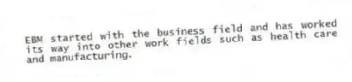 EBM started with the business field and has worked its way into other work fields such as health care and manufacturing.