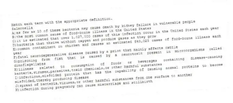 Match each term with the appropriate definition.
-Salmonella
A)as few as 10 of these bacteria may cause death by kidney failure in vulnerable people
B)the most common cause of food-borne illness in the United States
C)it is estimated that over 1,027,000 cases of this infection occur in the United States each year
D)bacteria that thrive without oxygen and produce gases as they grow
E)common contaminant on chicken and causes an estimated 845,025 cases of food-borne illness each year
F)fatal neurodegenerative disease caused by a prion that mainly affects cattle
G)poisoning from fish that is caused by a neurotoxin present in microorganisms called dinoflagellates
H)illness related to consumption of foods or beverages containing disease-causing bacteria,viruses,parasites,toxic chemicals,or other harmful substances
I)infectious,misfolded protein that has the capability of causing normal proteins to become misfolded,thereby producing disease
J)spread of bacteria,viruses,or other harmful substances from one surface to another
K)infection during pregnancy can cause miscarriage and stillbirth