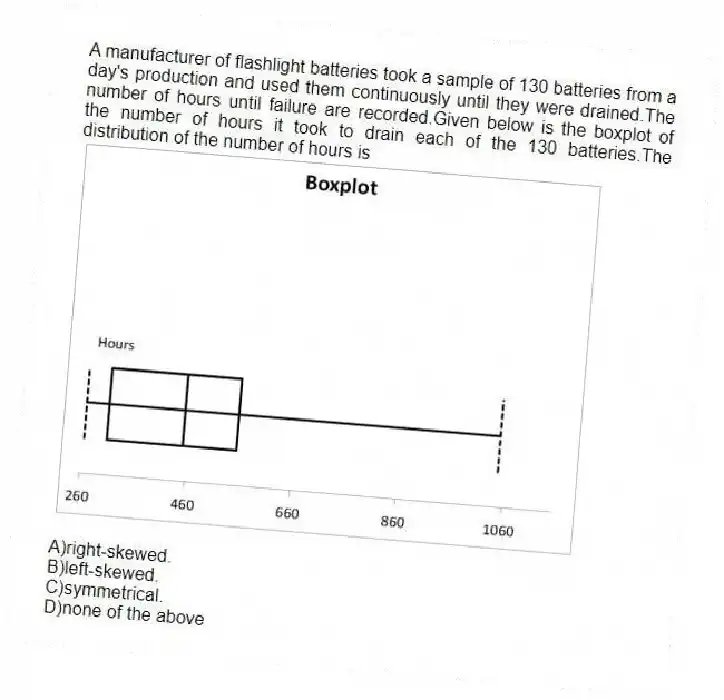 A manufacturer of flashlight batteries took a sample of 130 batteries from a day's production and used them continuously until they were drained.The number of hours until failure are recorded.Given below is the boxplot of the number of hours it took to drain each of the 130 batteries.The distribution of the number of hours is
A)right-skewed.
B)left-skewed.
C)symmetrical.
D)none of the above