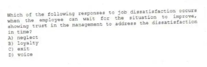 Which of the following responses to job dissatisfaction occurs when the employee can wait for the situation to improve, showing trust in the management to address the dissatisfaction in time?
A) neglect
B) loyalty
C) exit
D) voice