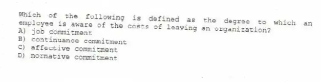 Which of the following is defined as the degree to which an employee is aware of the costs of leaving an organization?
A) job commitment
B) continuance commitment
C) affective commitment
D) normative commitment