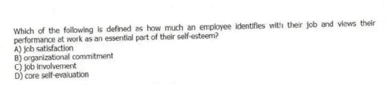 Which of the following is defined as how much an employee identifies with their job and views their performance at work as an essential part of their self-esteem?
A) job satisfaction
B) organizational commitment
C) job involvement
D) core self-evaluation