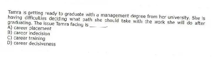Tamra is getting ready to graduate with a management degree from her university. She is having difficulties deciding what path she should take with the work she will do after graduating. The issue Tamra facing is ______.
A) career placement
B) career indecision
C) career training
D) career decisiveness
