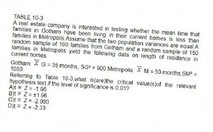 TABLE 10-3
A real estate company is interested in testing whether the mean time that families in Gotham have been living in their current homes is less than families in Metropolis.Assume that the two population variances are equal.A random sample of 100 families from Gotham and a random sample of 150 families in Metropolis yield the following data on length of residence in current homes.
Gotham: G = 35 months, SG² = 900 Metropolis: M = 50 months,SM² = 1050
-Referring to Table 10-3,what is(are)the critical value(s)of the relevant hypothesis test if the level of significance is 0.01?
A)t Z = -1.96
B)t Z = ±1.96
C)t Z = -2.080
D)t Z = -2.33