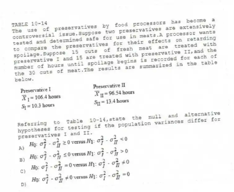 TABLE 10-14
The use of preservatives by food processors has become a controversial issue.Suppose two preservatives are extensively tested and determined safe for use in meats.A processor wants to compare the preservatives for their effects on retarding spoilage.Suppose 15 cuts of fresh meat are treated with preservative I and 15 are treated with preservative II,and the number of hours until spoilage begins is recorded for each of the 30 cuts of meat.The results are summarized in the table below.
-Referring to Table 10-14,state the null and alternative hypotheses for testing if the population variances differ for preservatives I and II.