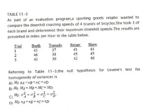 TABLE 11-3
As part of an evaluation program,a sporting goods retailer wanted to compare the downhill coasting speeds of 4 brands of bicycles.She took 3 of each brand and determined their maximum downhill speeds.The results are presented in miles per hour in the table below. 
-Referring to Table 11-3,the null hypothesis for Levene's test for homogeneity of variances is
