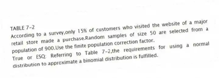 TABLE 7-2
According to a survey,only 15% of customers who visited the website of a major retail store made a purchase.Random samples of size 50 are selected from a population of 900.Use the finite population correction factor.
-True or ESQ: Referring to Table 7-2,the requirements for using a normal distribution to approximate a binomial distribution is fulfilled.